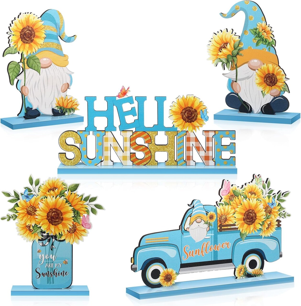 5-Pack Sunflower Gnome Wooden Table Signs – Summer Hello Sunshine Centerpieces, Rustic Farmhouse Table Decor for Home, Kitchen, Party & Seasonal Decorations (Blue Theme)